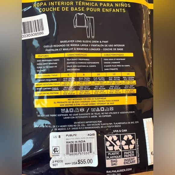 NWT RALPH LAUREN
KIDS' BASELAYER LONG SLEEVE CREW & PANT - Picture 4 of 5